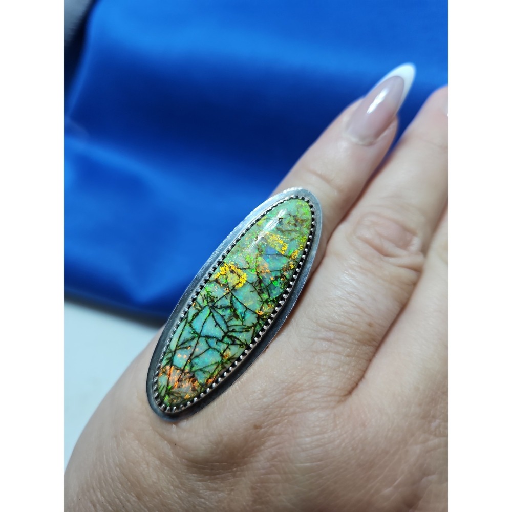 Sterling Silver Monarch Opal Ring Statement Chunky 2" Runway Vintage Ammolite 7